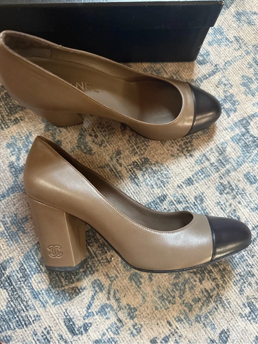 CHANEL Two-Tone Taupe and Black Cap-Toe Block Heel Pumps